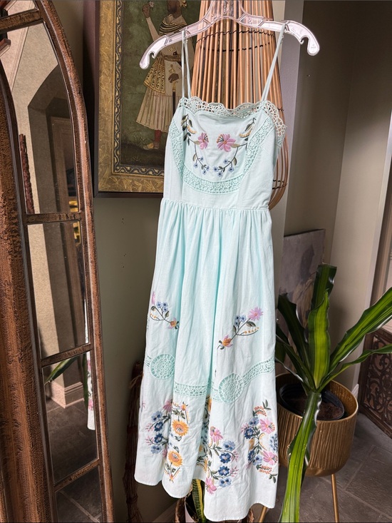 Strut & Bolt Dresses & Skirts - Light Blue Embroidered Midi Dress with Spaghetti Straps